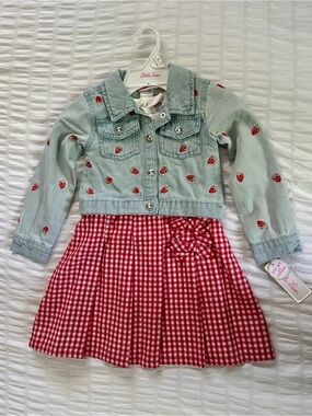 NWT Little Lass Light Blue Denim Jacket with Red Strawberry Embroidery